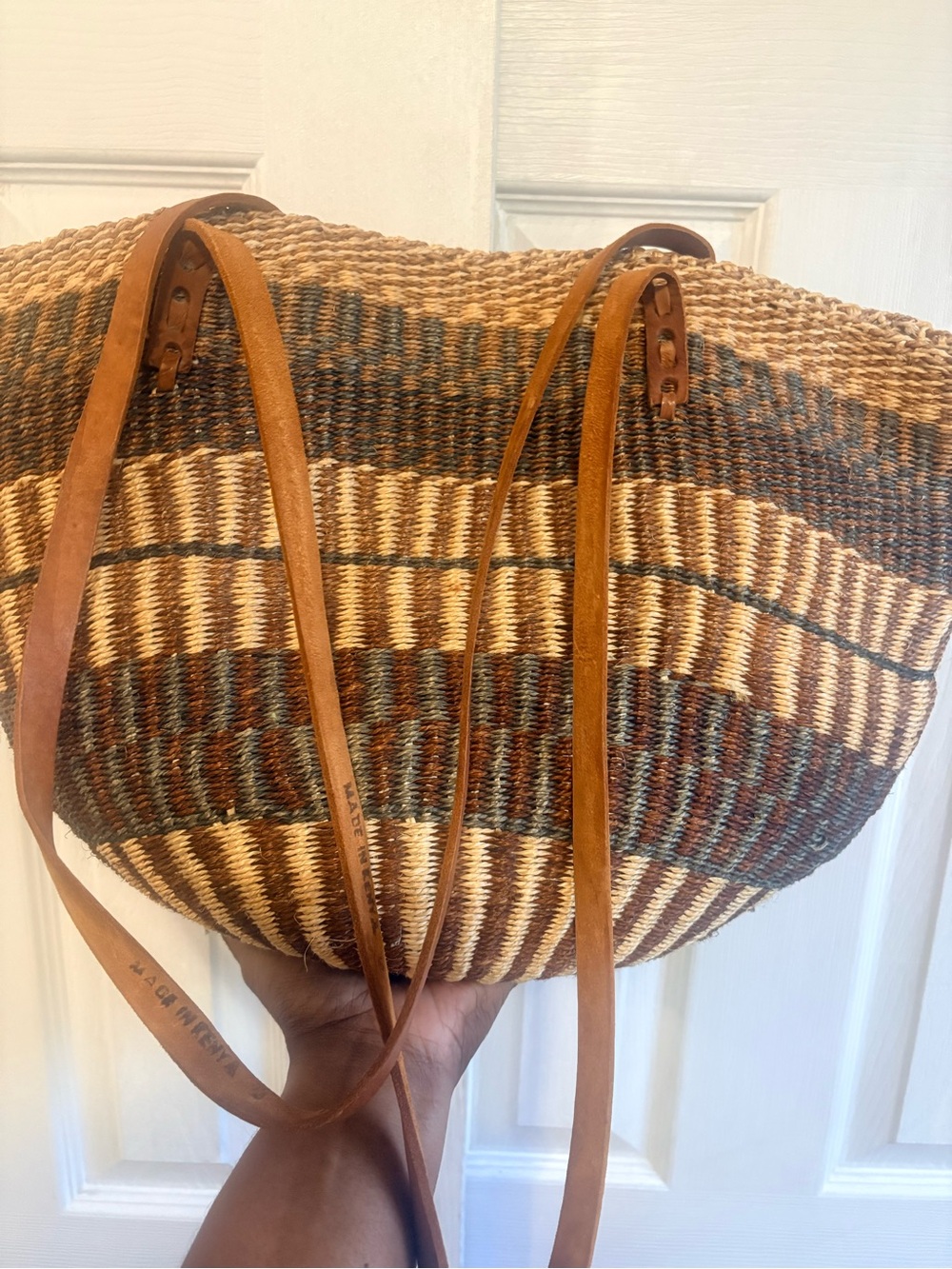 Woven Straw Tote Bag with Leather Straps - Natural Brown. Hat come with purchase